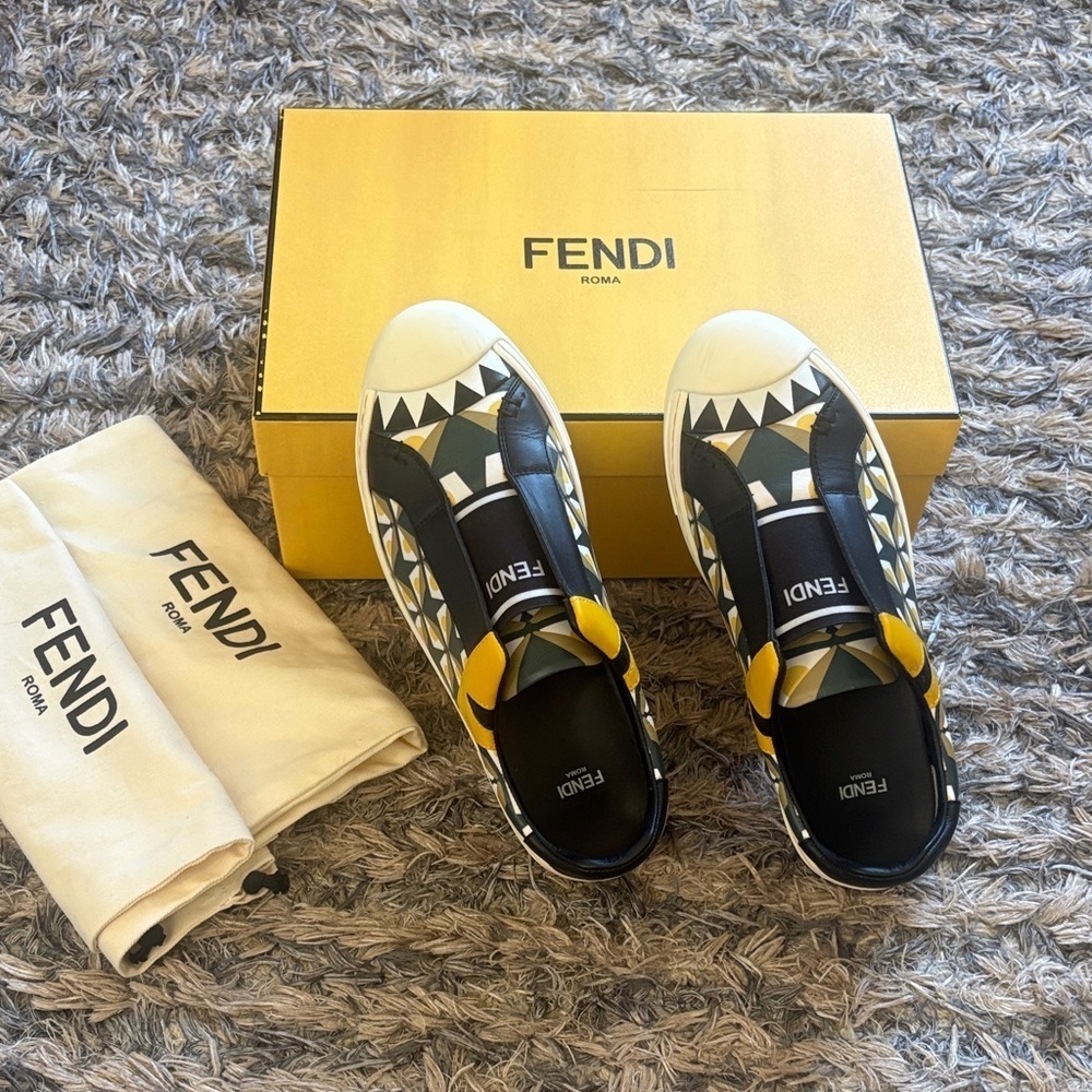 Fendi Monsters Motif Geometric Leather Slip On Sneakers Size 36 EUR
